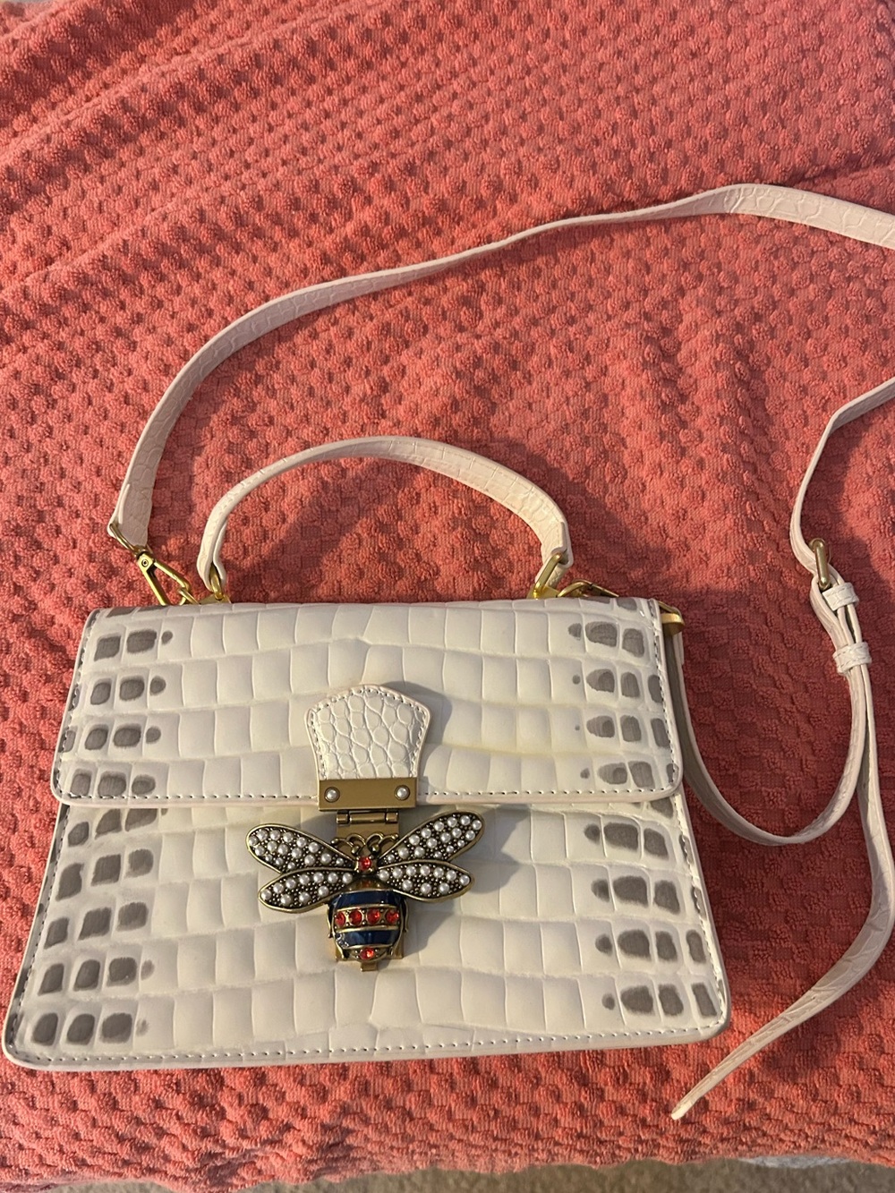 White Faux Croc-Embossed Bee Accent Crossbody Bag